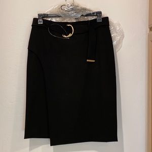 Calvin Klein Mock- Wrap pencil skirt. Black with self belt, gold ring closureNWT